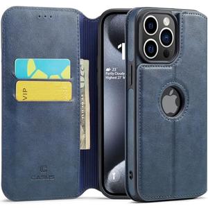 Casus Logo View Compatible with iPhone 15 Pro Wallet Case Slim Faux Leather with Card Holder Slot Thin Magnetic Flip Cover (2023) 6.1" (Blue)