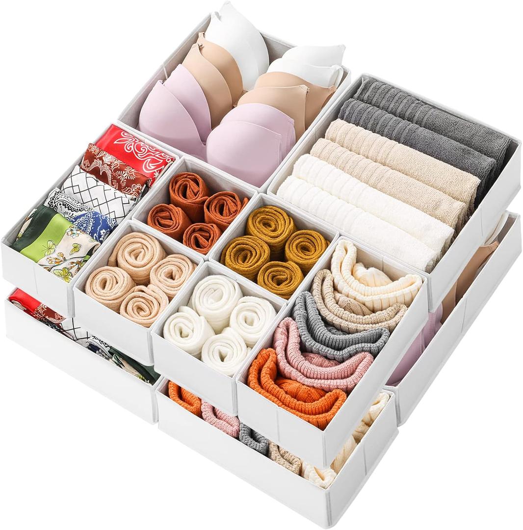Stero 12 Pack Drawer Organizers for Clothing, Dresser Drawer Organizer Clothes, Fabric Foldable Closet Organizers and Storage Basket Bins for Clothes, Underwear, Bras, Socks (White)