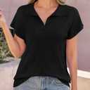 Saodimallsu Womens Short Sleeve Sweater Tops Solid Lapel V Neck Knit Shirt Summer Casual Basic Pullover (Black, S)