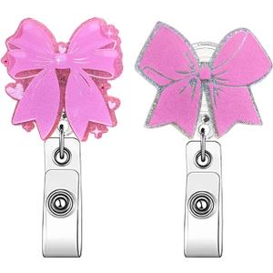 2 Pack Pink Bow Badge Reels, Cute Badge Reels Retractable with 360 Rotation, Nurse Badge Reel, Pink Badge Clip with Alligator Clip, ID Badge Holder for Nurses, Medical Worker, Nursing Student, Teacher