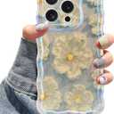 Jusy Compatible with iPhone 13 Pro, Colorful Retro Oil Painting Printed Flower Laser Glossy Pattern Cute Curly Wave Phone Case Soft TPU Cover for Girly Women -Light Blue