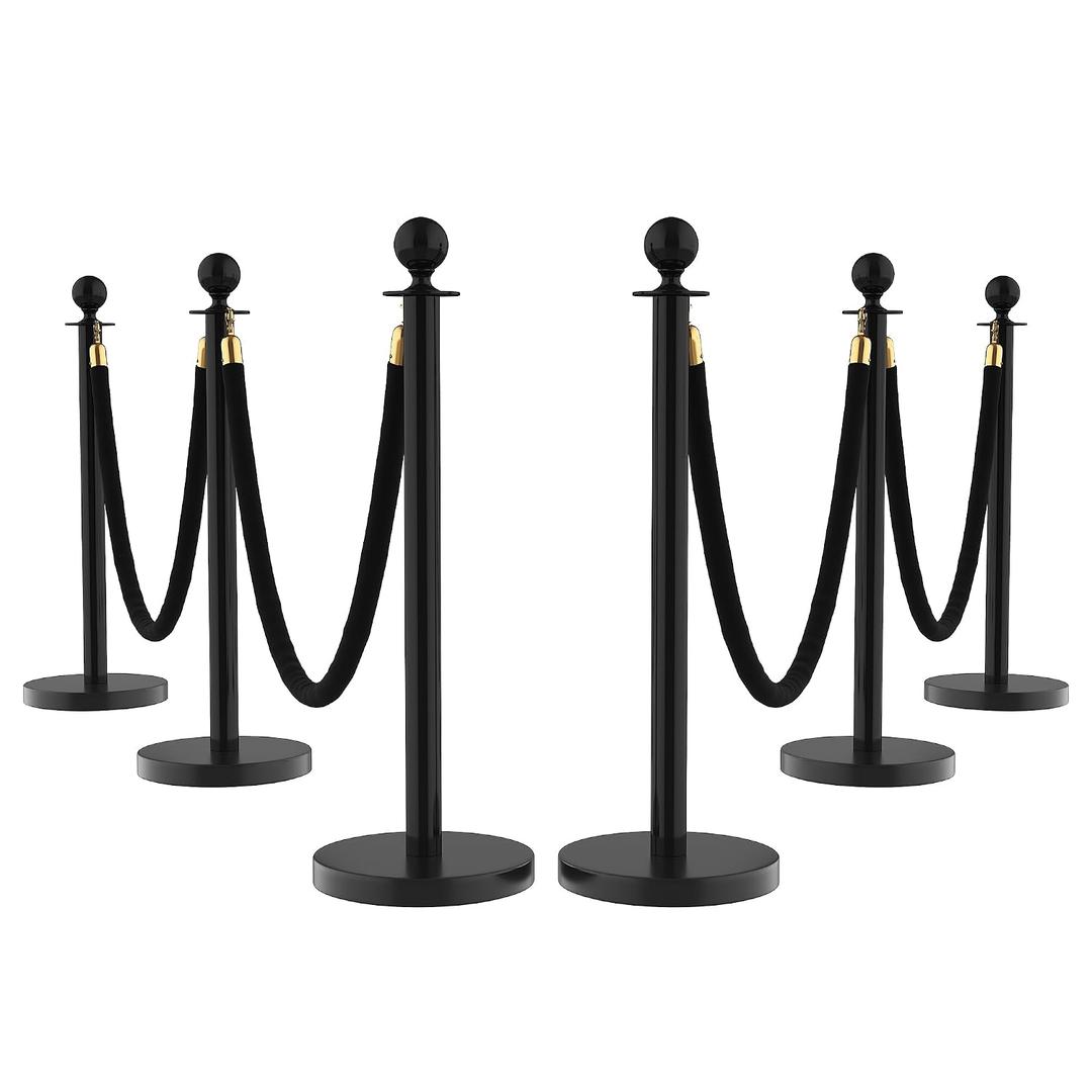 6Pcs Stanchions and Velvet Ropes, Black Stanchions with Retractable Belts, Crowd Control Barriers with Hollow Base, Red Carpet Ropes and Posts for Event & Party Supplies