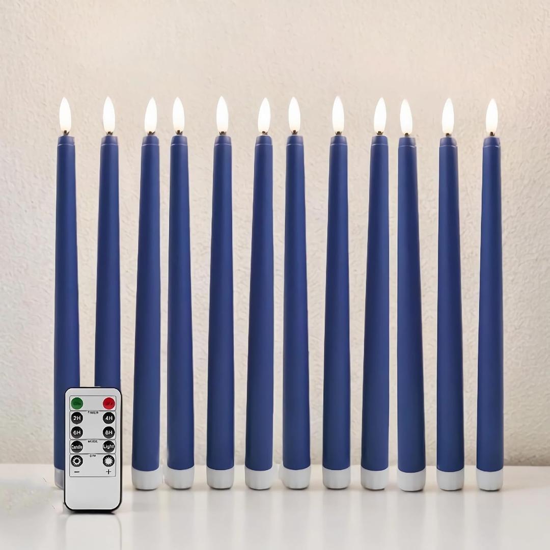 Navy Blue Flameless Taper Candles with Remote Timer, Flickering Battery Operated LED Candlesticks Home Decor Set of 12