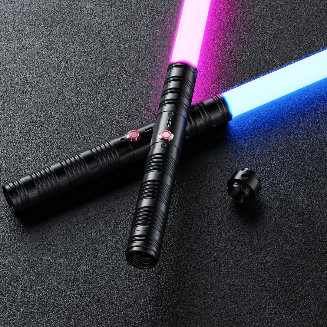 Juxaxia Lightsaber 2 Pack - Metal Hilt Dueling Light Sword with Connector (2-in-1), 20 RGB Colors & 3 Sound Modes, Rechargeable Cosplay Toy for Kids & Adults Gift, Halloween Christmas (Black)