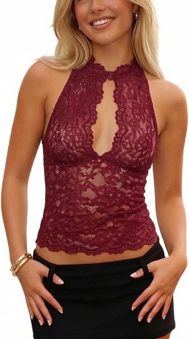 Women Lace Tank Tops Y2K Halter Neck Keyhole Top Sheer Mesh Cutout Crop Camisole Floral Lace Summer Going Out (Red, S)