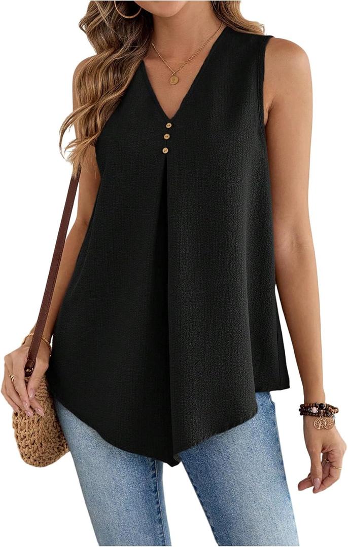 SHENHE Women's Tank Tops V Neck Sleeveless Tunic Top Loose Fit Dressy Flowy Work Blouse (Black, L)