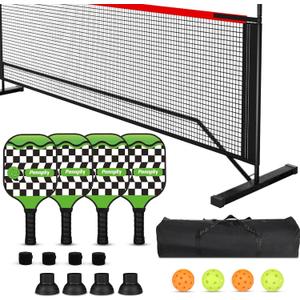 Pickleball Set with Net and Paddles, 4 Player Set, Brown Wooden Paddles, 22FT Portable Net, 6 Balls, 4 Ball Retrievers, 4 Replacement Grips