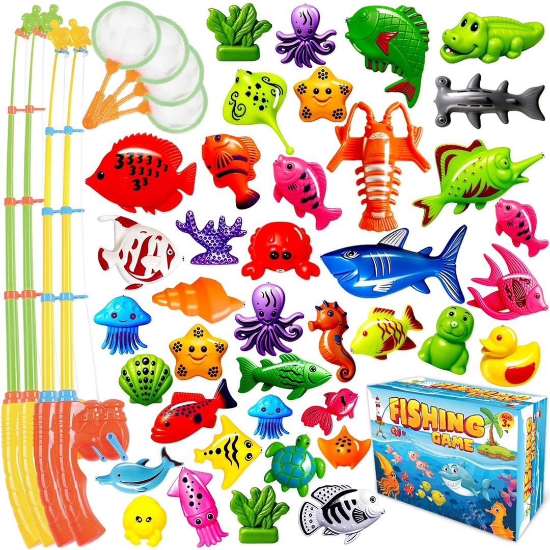 CozyBomB Magnetic Fishing Toys Game Set for Kids | Water Table Bathtub Kiddie Pool Party Pole Rod Net, Outdoor Plastic Floating Fish, Toddler Bath Color Ocean Sea Animals Birthday Gift Age 3-5 6 4-8
