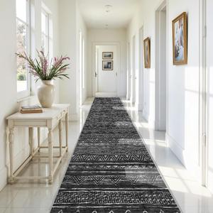 3x20 Runner Rug Washable - Extra Long Non-Slip Modern Runners for Hallway Soft Moroccan Low Pile Indoor Floor Mat for Living Room Kitchen Waterproof Geometric Runner Rugs Entryway 3x20 Black