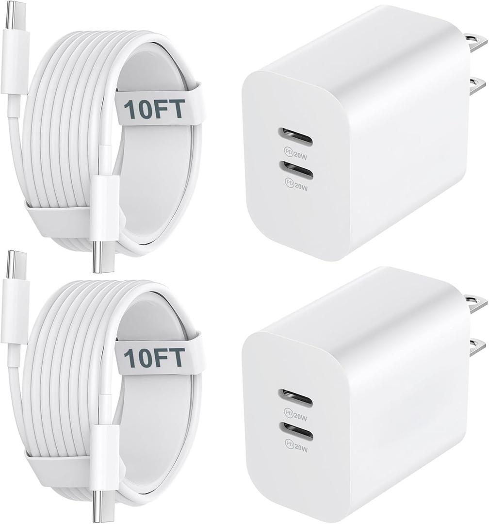 iPhone 16 15 Charger Fast Charging, 20W Dual Port USB C Charger Block with 10FT Long USB C Charging Cable Cord for iPhone 16 Pro Max/16 Pro/16/16 Plus, 15 Pro Max/15 Pro/15,iPad Pro/Air, Android Phone (white)