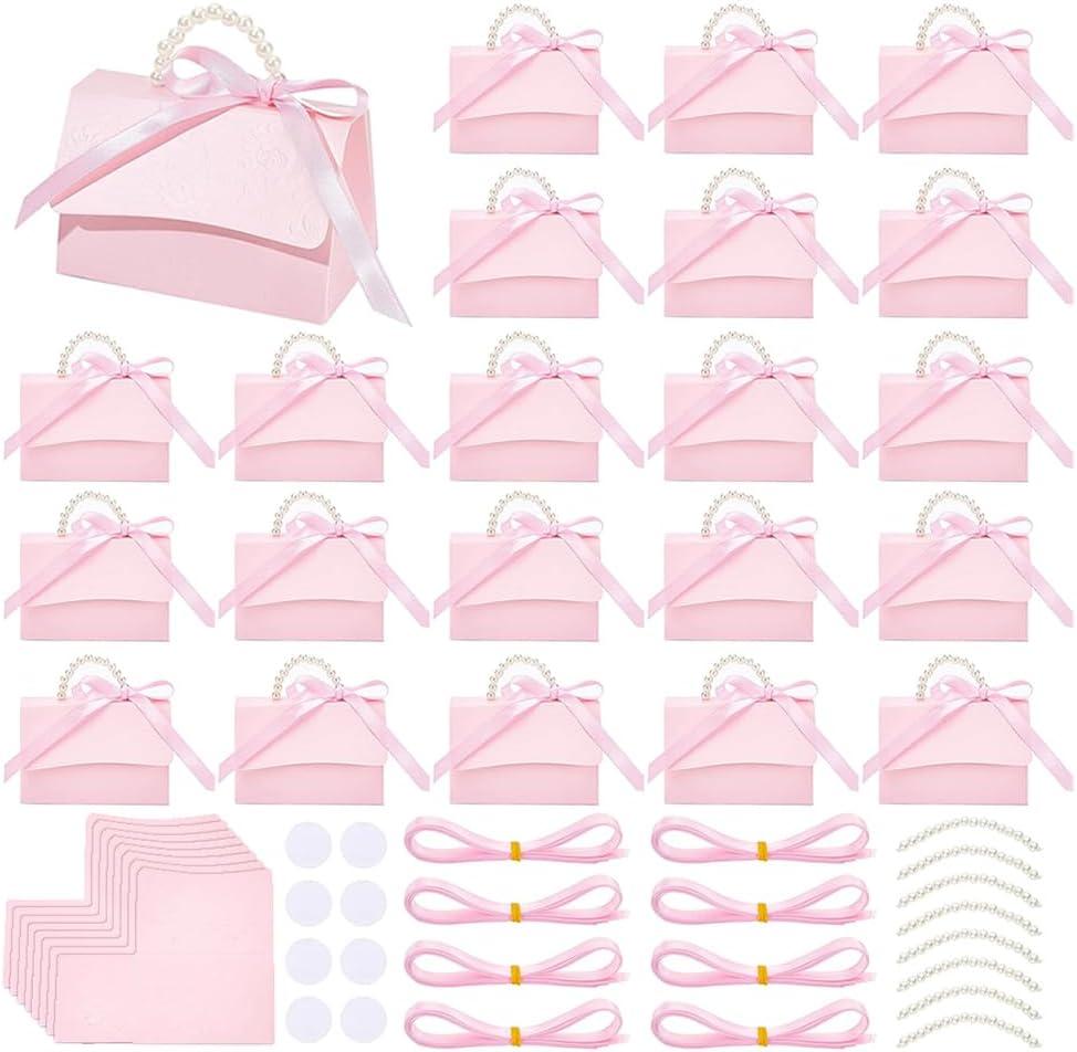 BENECREAT 30 Set Wedding Favors Box DIY Set, Pink Kraft Paper Box with Pearl Handle, Ribbons, Stickers, Gift Boxes for Birthday, Boutique, Wedding and Anniversary, 3.54x2.36x2.16inch
