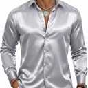 Barry.Wang 70s Disco Shirts for Men Satin Button Down Luxury Shiny Shirts | Shiny Satin, Disco Party Nightclub,Solid Long Sleeve Button Up Shirt,70s Prom Dress Shirts Wedding, Club,Business Casual (Silver, S)
