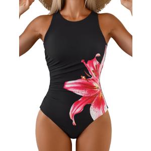 One Piece Bathing Suit for Women High Neck Tummy Control Swimsuit Modest Slimming Full Coverage Swimwear (X-Large, Black Lily)