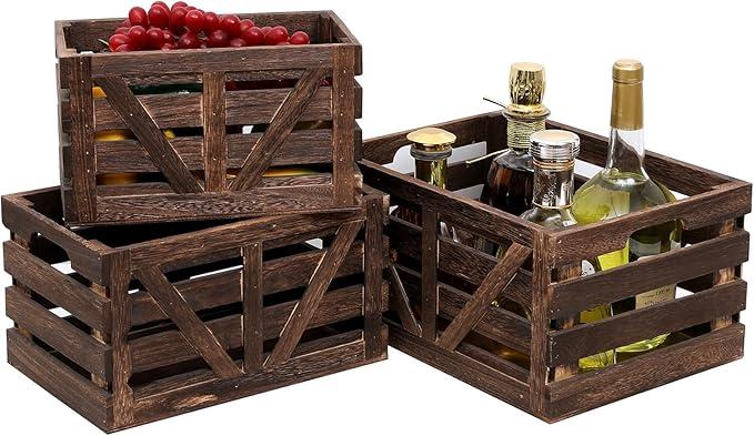 LYDWOO8D Nested Wooden Storage Crates Set of 3 (L,M,S),Farmhouse Decorative Boxes with Handles for Home Organization & Display