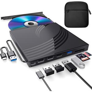 External CD/DVD Drive for Laptop with Carrying Case,DVD Player for Laptop,Portable CD Burner with 4 USB Ports, 2 TF/SD Card Slots,CD Disk Drive Player Reader Write (Black)