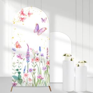 Purple Butterfly Arch Backdrop Covers, 6 Ft Stretchy Arch Backdrop Stand Cover, Garden Floral Photography Background Arch Stand Cover for Baby Shower Birthday Wedding Decor
