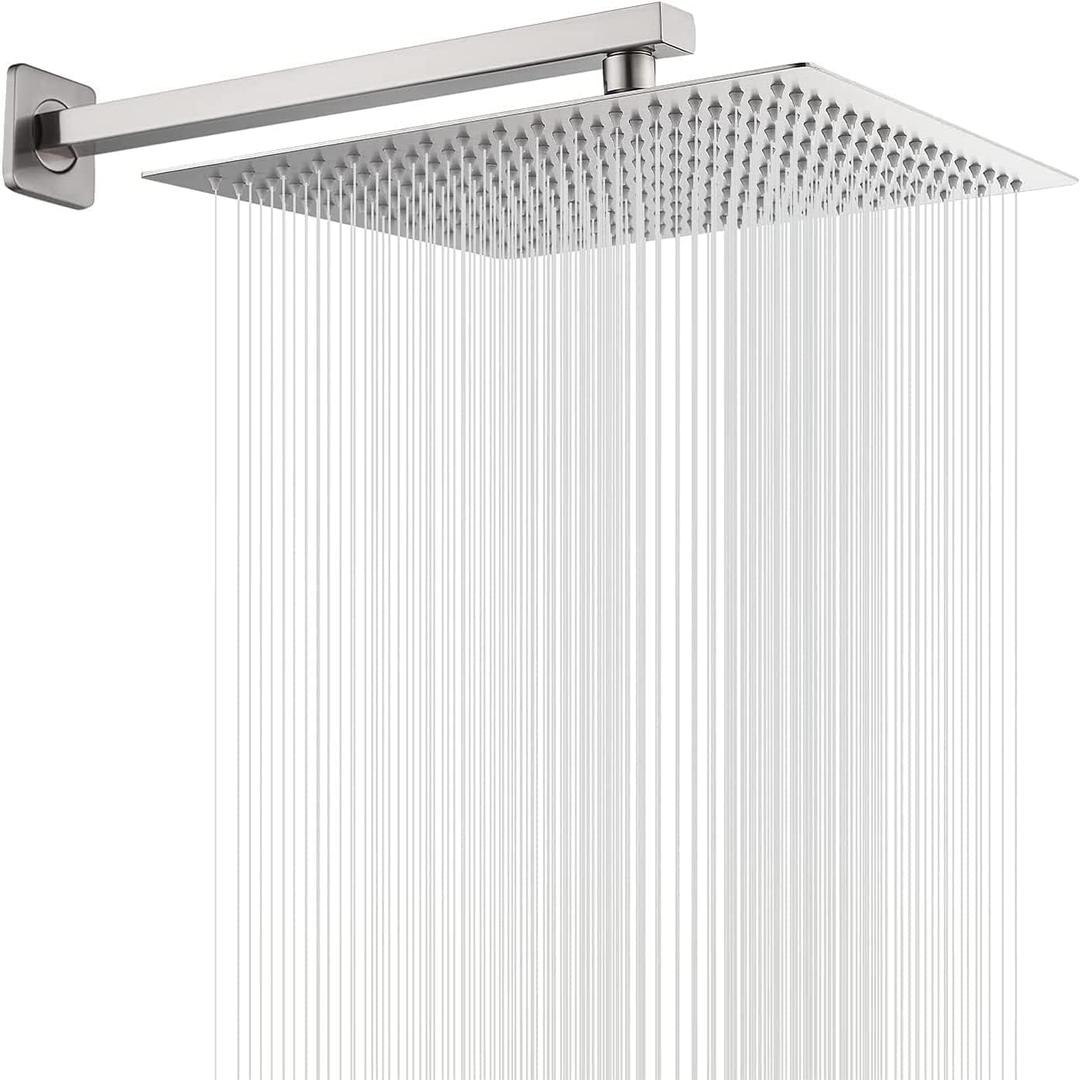 Rain Shower Head Brushed Nickel with Extension Arm 16 Inch Square Shower Head with 16 Inch Shower Arm Large Stainless Steel Rainfall Showerhead Waterfall Full Body Coverage