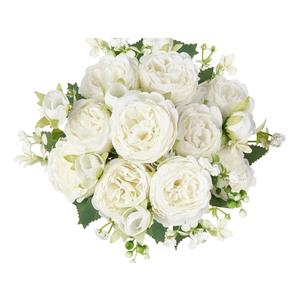 Mkono Peonies Artificial Flowers, Small Silk Flowers for Home Decor Indoor Fake Bouquet Faux Floral Arrangements Dining Table Centerpieces for Kitchen Party Decor White 16 Bundles