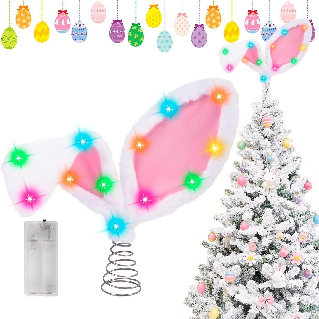 Easter Tree Topper with Bunny Ears - 14'' Lighted Rabbit Ears Tree Top Decorations, Spring Tree Topper with Metal Base Decor, Easter Christmas Tree Ornaments for Holiday Home Decoration Party Supplies