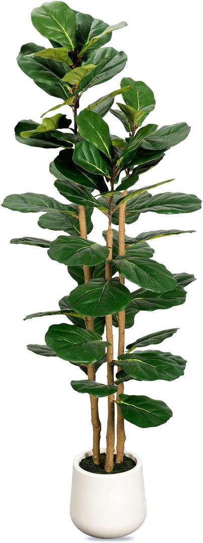 Artificial Fiddle Leaf Fig Tree in Modern White Planter, 5ft Large Fake Tree with 3 Sturdy Trunks, Fake Plants Faux Fig Tree with Moss, Lifelike Tall Artificial Plants Indoor for Office Home Decor