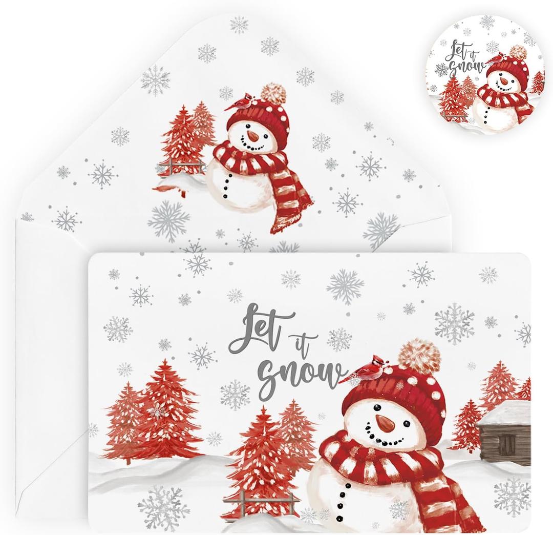 Artoid Mode 24 Pack Red Snowman Snowflake Xmas Tree Christmas Thank You Cards Gift With Envelope Sticker Blank Note Greeting Cards, 4 x 6 Inch