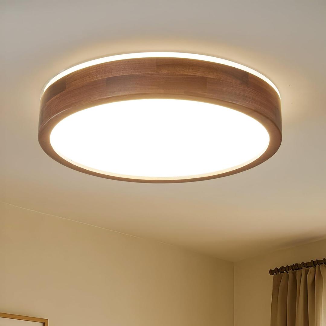 LED Ceiling Light Fixture 15.74, Handcrafted Walnut Wood Modern Wabi-Sabi Style, 42W LED 3000K-4000K-6000K, Low Profile Lamp for Bedroom Kitchen Hallway Dining