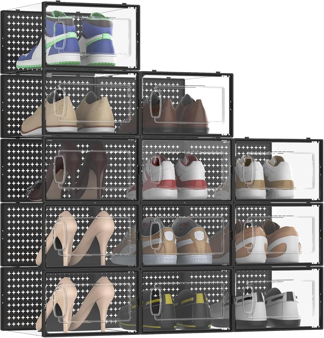 12 Pack X-Large Modular Clear Plastic Stackable Shoe Storage Organizer for Closet, Space Saving Versatile Sneaker Shoe Rack Containers Bins Holders, Portable Closet Organizers and Storage, Black02