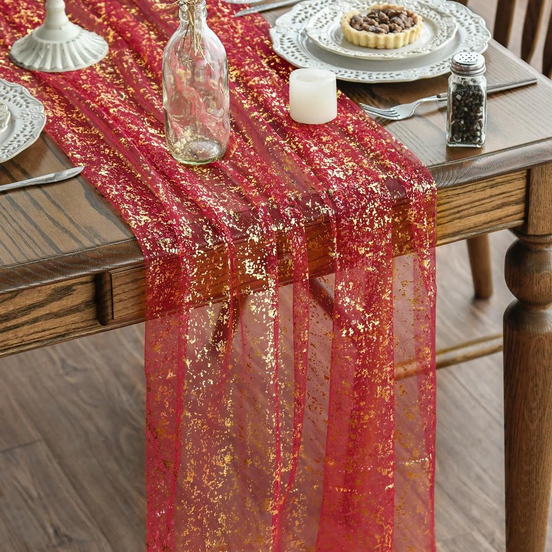 Artoid Mode Red Gold Gauze Table Runner 120 Inch 10Pcs, Glitter Metallic Foil Sheer Dining Wedding Anniversary Holiday Table Decor for Home Party