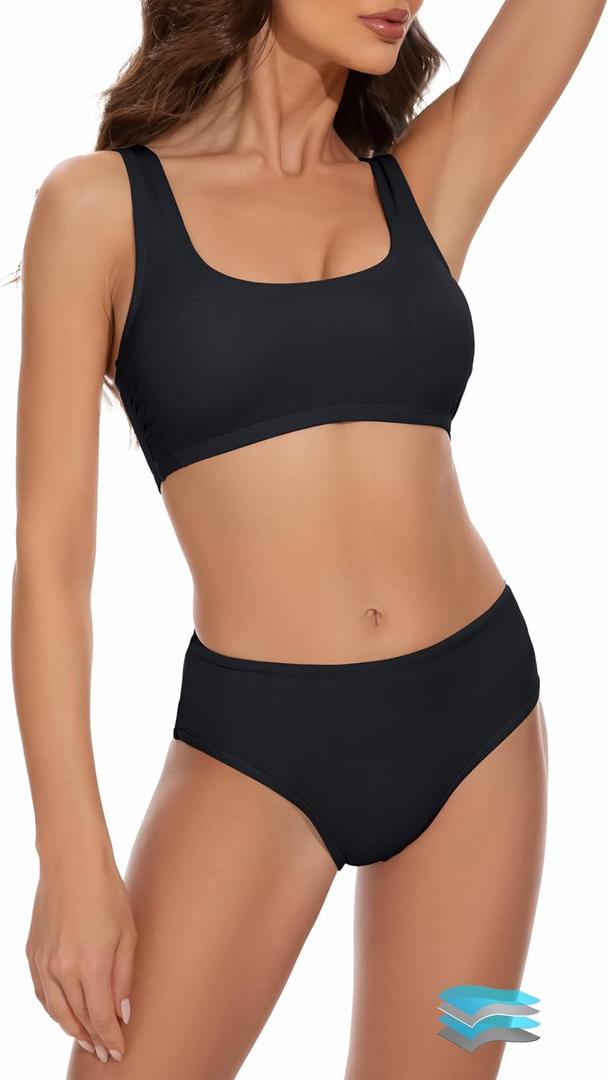 Beautikini Period Swimwear Two Piece Menstrual Leakproof Swimsuit Sporty Bikini Sets Bathing Suit for Teen Girls (Black, XS)