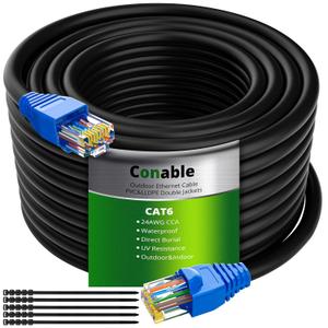 Cat6 Outdoor Ethernet Cable 200ft, Heavy Duty Double Jackets Internet Cord, Waterproof, Direct Burial, (from 25FT to 500 FT) Support PoE Cat6 Cat5e Cat5 Network, Cat 6 RJ45 Patch Cable with 25 Ties