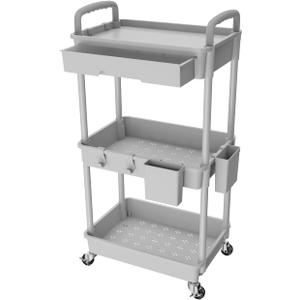 3 Tier Rolling Utility Cart with Drawer,REBECAT Utility Cart Made of Multifunctional Storage Organizer Tool for Kitchen,Bathroom,Living Room,Office(Gray) (Gery)