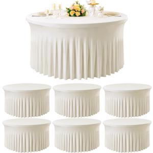 6 Pack Ivory Spandex Round Tablecloths for 60 inch Table, Wrinkle Free 120inch Stretchy Fitted 5FT Round Table Cloths Cover with Skirt for Wedding Party Dining Banquet
