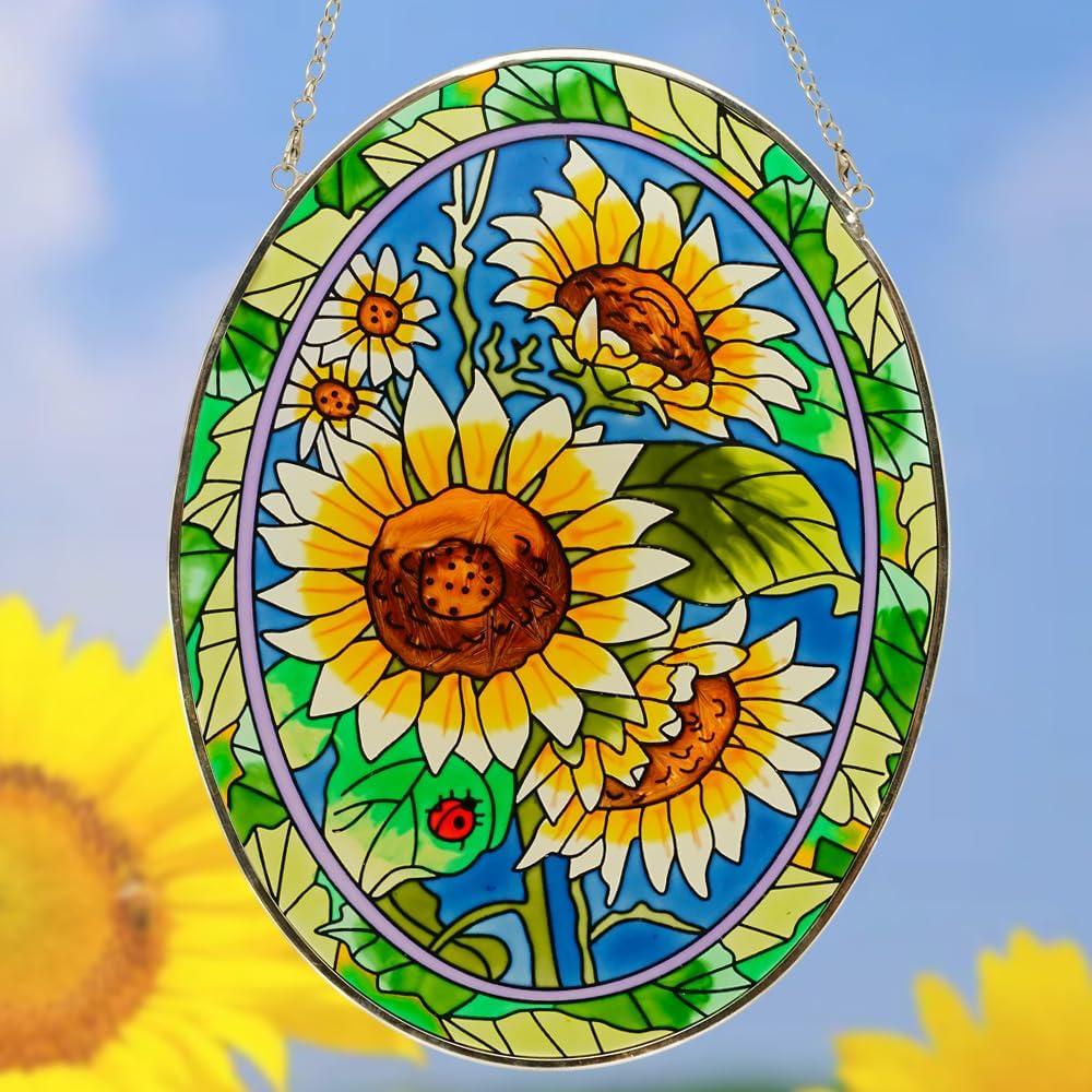 XLAN Oval Sunflower Sun Catcher, Stained Glass Window Hangings, Suncatchers Decorative Pendant, Handmade Decor, Gifts for Family, Friends and Flower Lovers 6.5"X8.5"