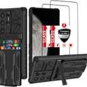 Wallet Case for Samsung Galaxy S24 Ultra with Card Holder, Military Grade Shockproof Samsung S24 Ultra Case with Tempered Glass Screen Protector [2 Pack], Built-in Phone Kickstand, Black