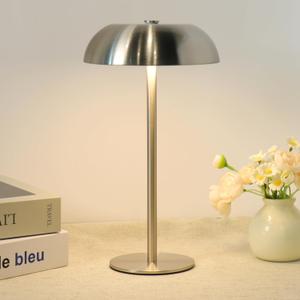 Portable Mushroom Table Lamp with 5200mAh Battery, Cordless LED Night Light with Stepless Dimming, 3 Color Modes & Adjustable Height for Bedroom, Patio, Bar Decor and Coffee Shop (Silver-Tall)
