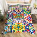 Erosebridal Colorful Mexican Style Queen Duvet Cover,Retro Talavera Tile Bedding Set for Kids Adults Room Decor,Exotic Ethnic Boho Bed Set Patchwork Floral Print Duvet Cover 3Pcs