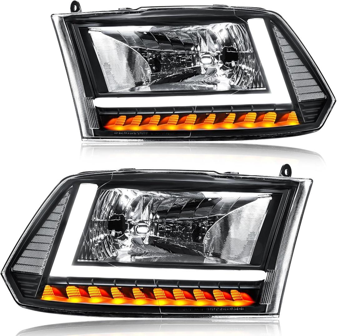 LED DRL Headlight Assembly, Fit 2009-2018 Dodge Ram 1500/10-18 Ram 2500 3500 4500 5500(Only fit factory dual beam halogen headlights, Additional H4 bulb required) Black Housing Clear Reflector