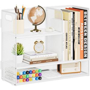 Marbrasse 3-Tier Desk Shelf Organizer with Handle, Desktop Bookshelf File Holder, Mesh Display Shelf Organizer Storage Rack for Office, Home, Supplies, Kitchen (White), 14 x 6 x 13 inches