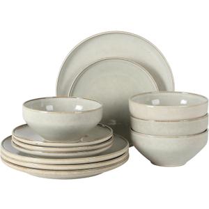 Gibson Elite White Sands Plates and Bowls Sets, 12-Piece Stoneware Dinnerware Sets, Reactive Glaze Dish Set - Moonstone White, Service for 4 (12pcs)