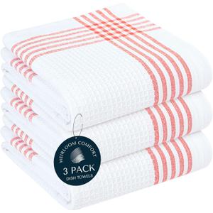 Red and White Waffle Weave Kitchen Towels 3 Pack, 16x26 Inch, Cotton Dish Towels with Hanging Loop, Quick Dry, Absorbent, Machine Washable, Durable for Kitchen & Cleaning