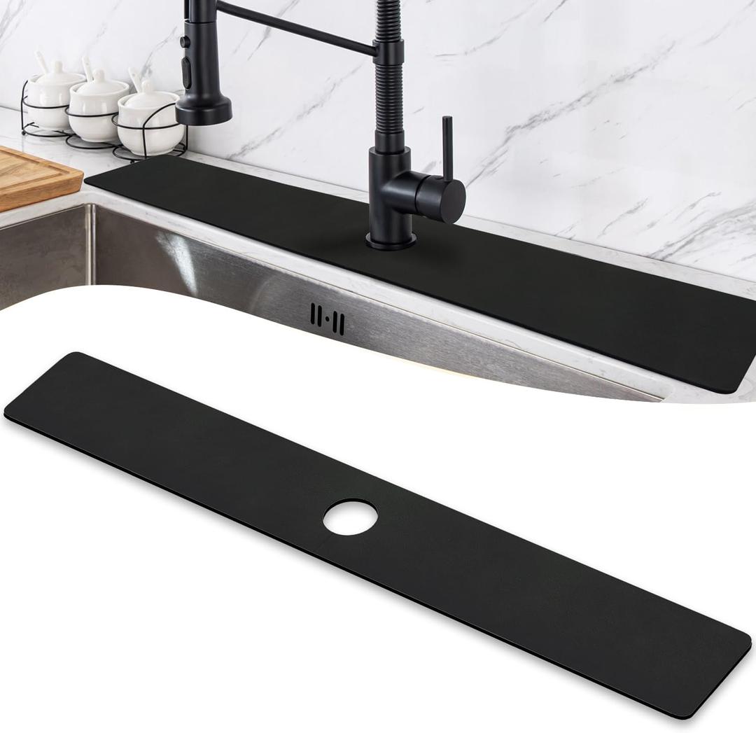LOPNUR Faucet Mat for Kitchen Sink Protectors, 29 Inch Extra Long Kitchen Sink Splash Guard Behind Faucet, Cuttable Bathroom Water Splash Guard with Super Absorbent Diatomite Fast Drying, Black