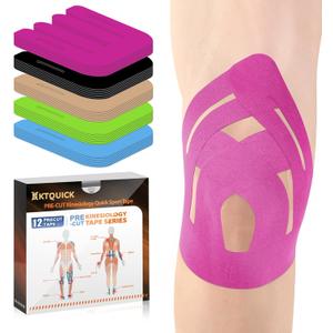 PreCut Kinesiology Tape for Knees, 12PCS Upgraded Waterproof KTQUICK Knee Tape for Knee Pain Relief Pre Cut, Original Cotton Athletic Knee Tape, Waterproof&Hypoallergenic Latex-Free for Sports (Pink)
