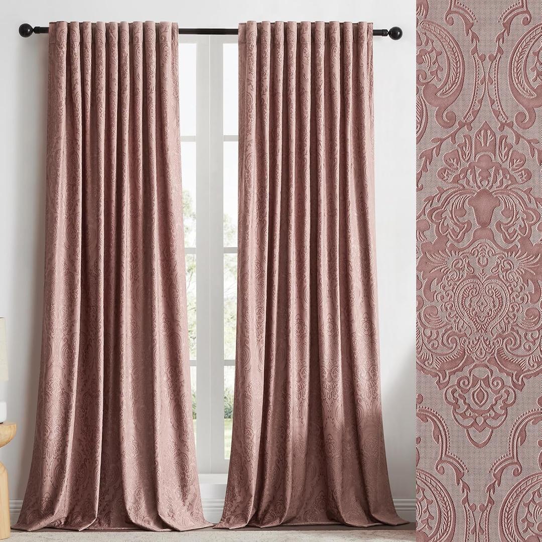 GIGIZAZA Velvet Curtains 120 Inch Long 2 Panels, Blush Pink Vintage Drapes Floral Embossed Blackout Window Curtain for Living Room Back Tab Thermal for Bedroom