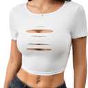 SOLY HUX Women's Cut Out Crop T Shirt Crew Neck Short Sleeve Fitted Going Out Tops (White, S)