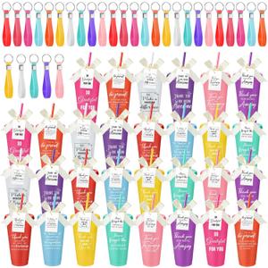 Tioncy 30 Sets Employee Appreciation Gifts Bulk 24 oz Plastic Tumbler with Lid and Straw Reusable Coffee Cups with Keychain Bowknot Card Christmas Gifts for Coworker Staff Worker Favors(Motivational)
