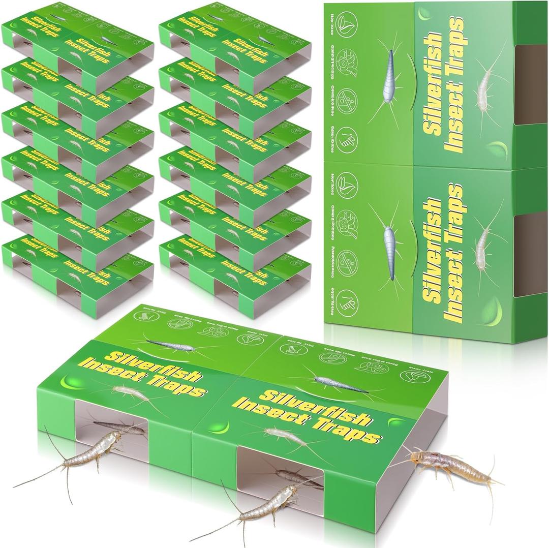 24 Traps Silverfish Trap, 12 Sheets Silverfish Killer Indoor, Non-Toxic Insect Trap with Dual-Color & Pattern Lure for Crawling Insect, Safe for Kids & Pet,Use as 24 Small or 12 Large Detachable Traps