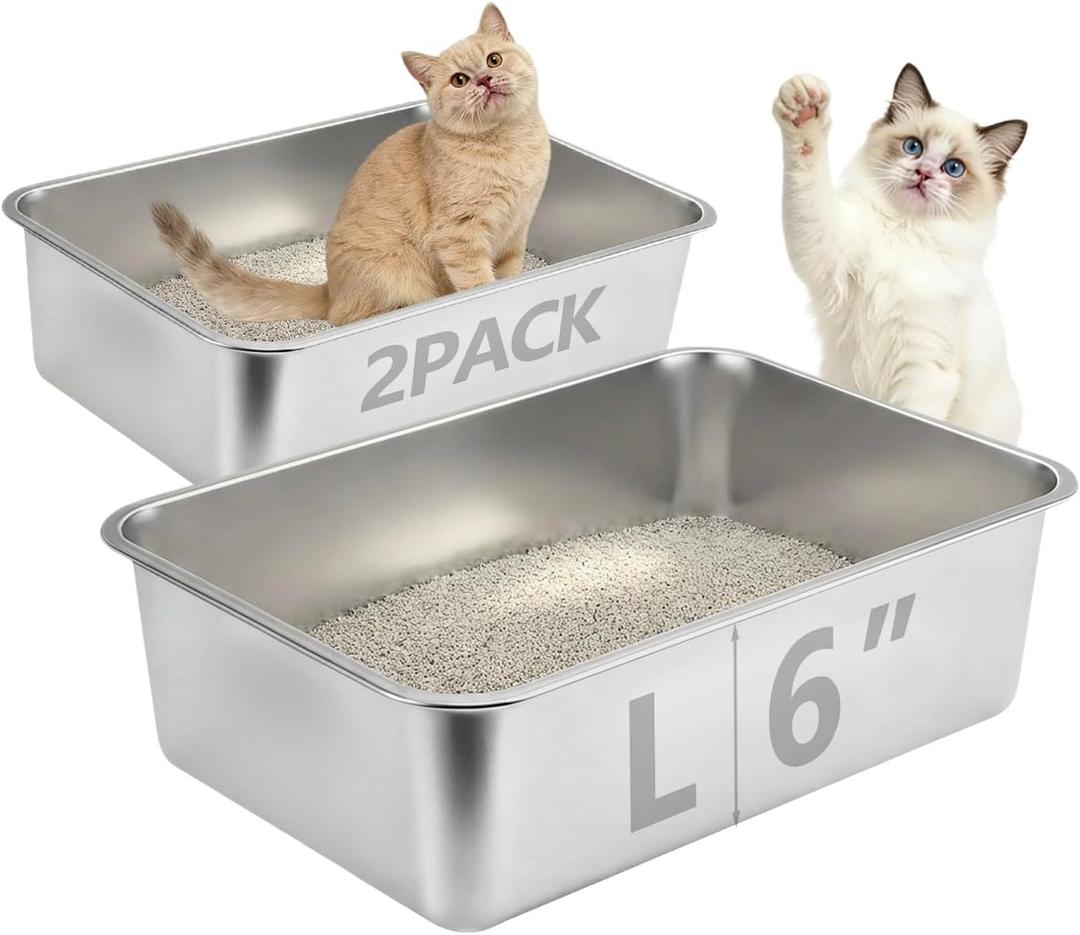 Homegroove Stainless Steel Litter Box 2 Pack, 17.7"x13.8"x6" Large Metal Cat Litter Box with High Sides, Non-Stick Easy to Clean Surface, Jumbo Size for Big Cats & Multiple Cats