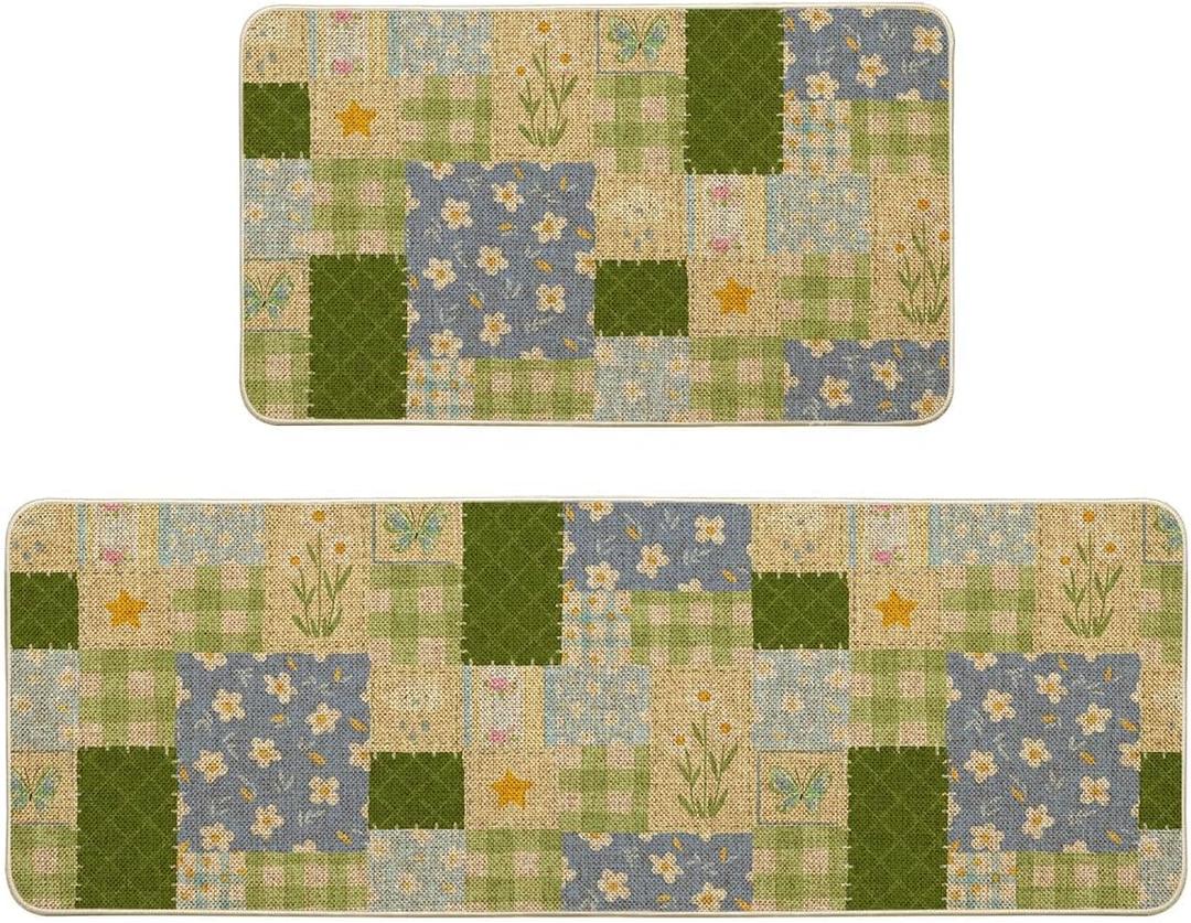 Artoid Mode Check Pattern Flowers Floral Spring Kitchen Mats Set of 2, Home Decor Low-Profile Kitchen Rugs for Floor - 17x29 and 17x47 Inch
