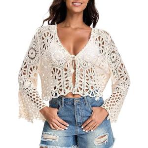 Women's Crochet Cardigan Bell Sleeve Tie Front Hollow Out Cropped Vacation Tops Summer Length Sleeve Beach Cover Ups