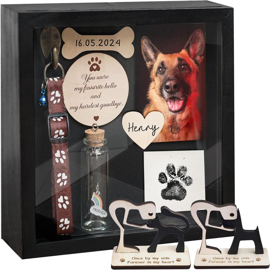 8.6'' Pet Memorial Gift Shadow Box Black Collar Holder Picture Frame Pet Paw Ink Kit Dog Wooden Sculpture Bottle Rainbow Pet Hair Keepsake Gift Loss of Dog Cat Tabletop Wall Hanging PSD-4B